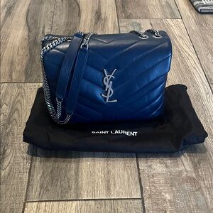 Saint Laurent Navy Quilted Small Loulou Bag with Silver Accents